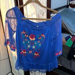 Umgee Royal Blue Embroidered Off-Shoulder Blouse
